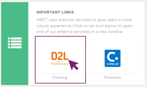 Screenshot of the important links section of the AMS Welcome page with the D2L Training link emphasized